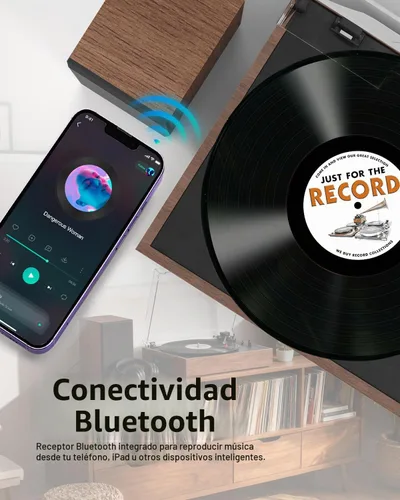 Vista 2 de Retrolife® - Tocadiscos con 2 altavoces externos, tocadiscos de vinilo, nogal 2-Speed Belt-Drive Turntable for 33/45/78 RPM Vinyl, Bluetooth