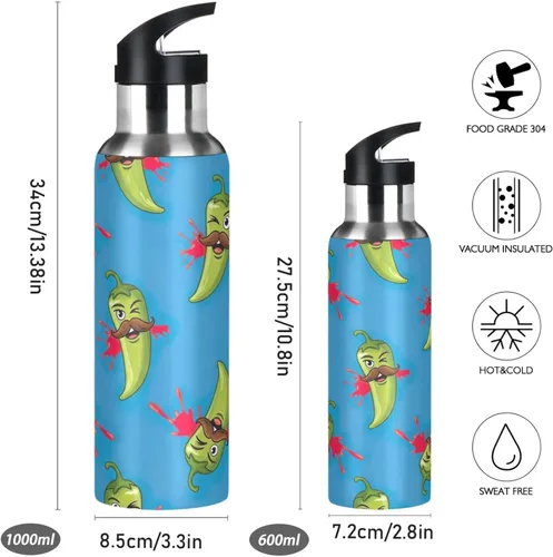 Vista 2 de Stainless Steel Vacuum Insulated Water Bottle 20 Oz, BPA-Free Sports Water Bottle for Gym Outdoor Travel School, Green Chili Peppers