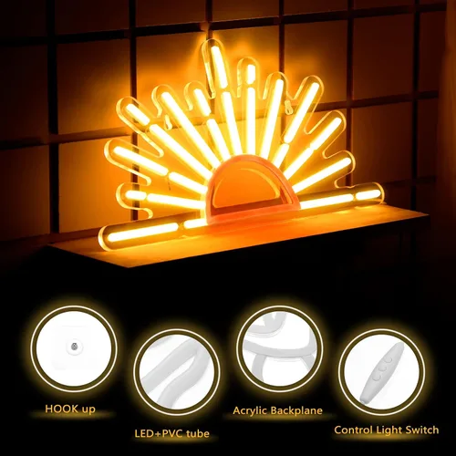 Vista 3 de Ganeen Letrero de Neón Naranja Amanecer Atardecer Arte de Pared Boho Luces de Neón para Dormitorio Sol en el Horizonte Letreros LED de Pared USB