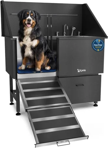 Vista 28 de KANIS Estación profesional de lavado de perros – Fregadero de lavado de mascotas de acero inoxidable 304 y bañera de aseo con ducha, rejillas