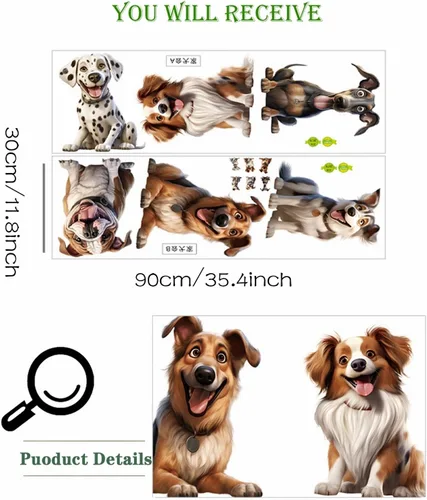 Vista 4 de Calcomanías de pared con diseño de seis razas de cachorros, calcomanías de pared de perros de dálmata, Husky Border Collie, Bulldog Francés