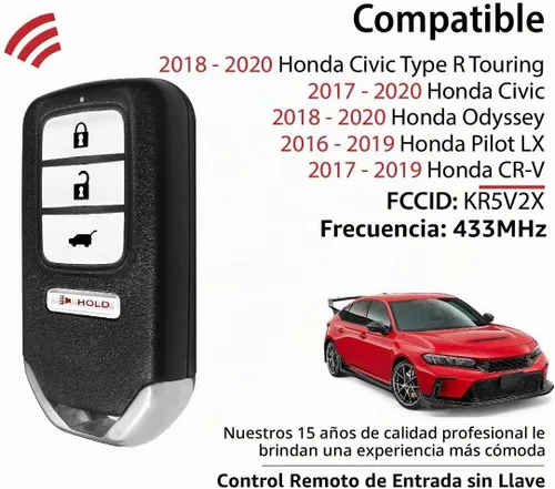Vista 2 de Repuesto para Honda Civic Odyssey Pilot LX CR V 2017 2018 2019 2020 Control remoto KR5V2X 4 botones 433MHz