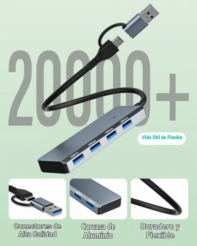 Vista 6 de Hub USB 3.0 4 puertos con USB-A/C, adaptador de aluminio de transferencia Gris