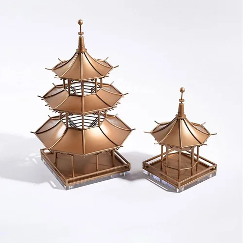 Vista 5 de Estatua china de feng shui, escultura de estatua china de metal antiguo, modelo de arquitectura antigua, decoración de escritorio, sala de té zen