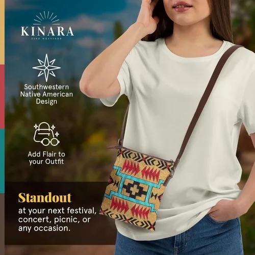 Vista 2 de Kinara Bolso cruzado tejido, diseño nativo americano del suroeste, patrón hermoso y único, tejido fino, elegante y funcional