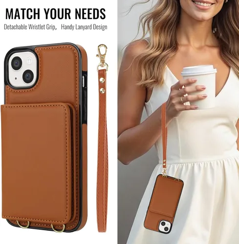Vista 3 de Funda de teléfono para iPhone 13 Mini de 5.4 pulgadas con protector de pantalla, correa cruzada para muñeca, bloqueo RFID, tarjetero de crédito