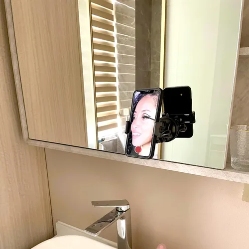 Vista 2 de Soporte universal para teléfono de ducha con espejo, multidireccional doble con ventosa giratoria de 360 grados, soporte de montaje en pared