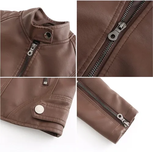 Vista 4 de DEAR MODEL Chaqueta de cuero sintético para mujer, chaqueta de motocicleta con cinturón para mujer, Marrón