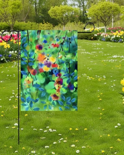 Vista 4 de Bandera abstracta de acuarela de primavera con hojas florales verdes de temporada, flores, naturaleza, jardín, patio, 12 x 18 pulgadas, poliéster