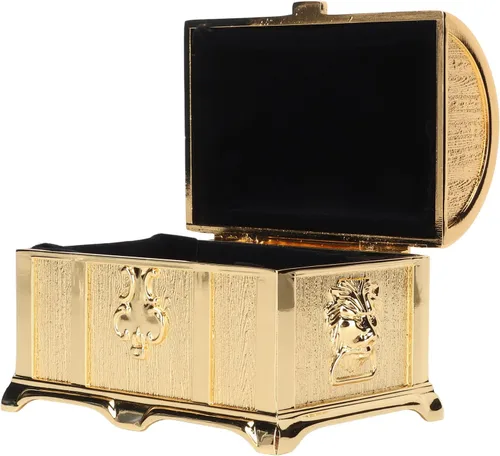 Vista 4 de Joyero de cofre del tesoro con terciopelo suave, caja de almacenamiento de joyas de metal dorado retro, joyero, anillos, aretes, collar, organizador
