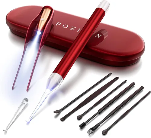 Vista 10 de POZILAN Pinzas para Cerumen con luz LED - Juego de 8 herramientas de limpieza para quitar cera de oído para niños y adultos, cuchara para cerumen