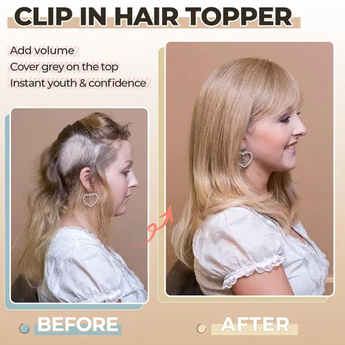 Vista 4 de FELENDY Toppers para el cabello para mujer, rubio decolorado, con clip, 14 pulgadas, esponjoso, pelo con flequillo falso
