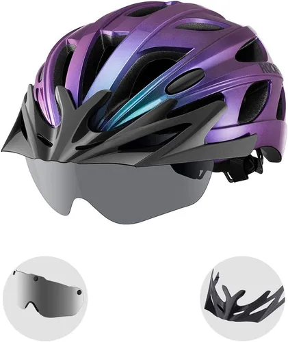 Vista 9 de ROCKBROS - Casco de bicicleta para hombres y mujeres adultos con ajuste sugerido de 58-65cm, gafas magnéticas desmontables y visera solar, ligero