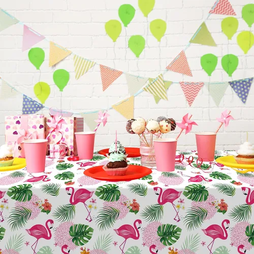 Vista 6 de Paquete de 3 manteles de verano con diseño de flamenco para fiestas, mantel de plástico tropical hawaiano, mantel desechable Luau para verano