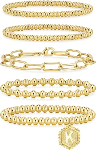 Vista 18 de adoyi - Pulseras de oro para mujer, impermeables, con cuentas de bolas chapadas en oro de 14K, pulseras ajustables apilables para regalos