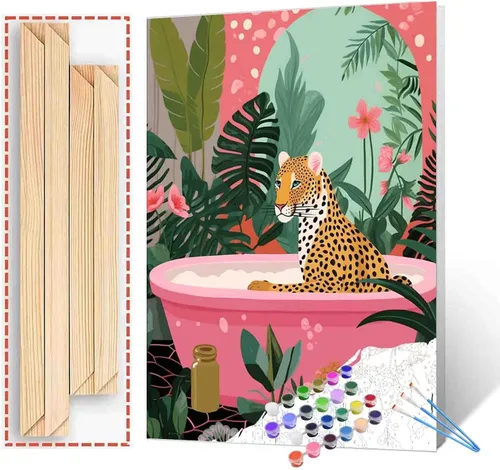 Vista 18 de Pintura por números para adultos, baño, animales, bricolaje, pintura al óleo digital, pintura acrílica, cebra, arte de pared, hojas verdes, bañera
