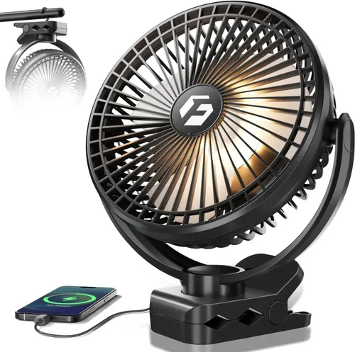 Vista 9 de FRIZCOL Ventilador portátil de 12000 mAh con clip de 8 pulgadas, recargable, funciona con pilas, ventiladores de campamento con luces y control