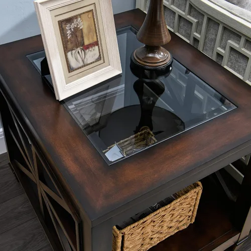 Vista 6 de LEEMTORIG Mesa auxiliar de vidrio de madera maciza para sala de estar, moderna mesa auxiliar grande de granja con almacenamiento, mesa auxiliar