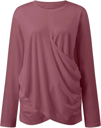 Vista 4 de TREBIN Blusa de manga larga para mujer, casual, cuello redondo, plisada, holgada, de moda