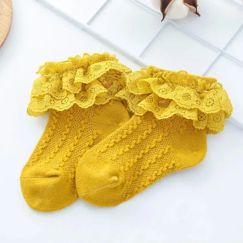 Vista 5 de Colorful Childhood Calcetines de encaje con volantes y ojales para bebés y niñas pequeñas, calcetines cortos de doble encaje para recién nacidosbebés
