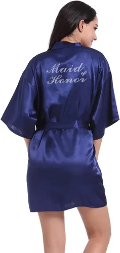Vista 14 de Bata de boda para mujer, para novia, dama de honor, corta, de satén, kimono, batas de seda para prepararse, fiesta nupcial