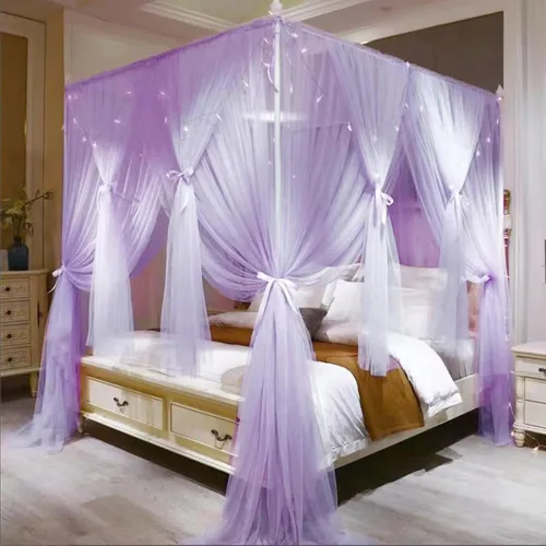 Vista 11 de VETHIN - Dosel de cama de 4 esquinas con diseño de princesa, cortina de cama de doble capa con diseño de red acogedora, mosquitero de 4 aberturas