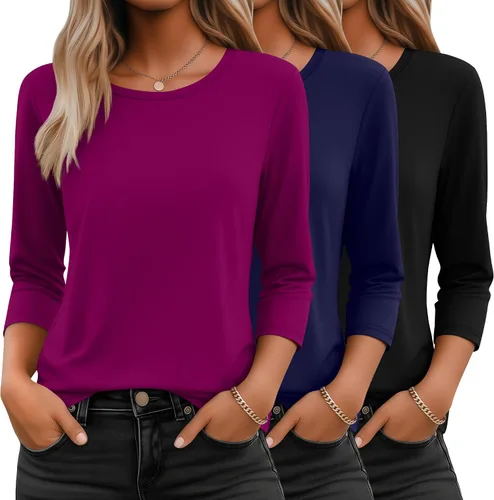 Vista 27 de Ficerd Paquete de 3 camisetas de manga 3/4 para mujer, cuello redondo, camisetas básicas elegantes, casuales, modernas, holgadas