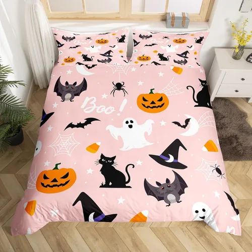 Vista 14 de Juego de ropa de cama de Halloween, funda de edredón gótica de murciélagos negros con telarañas, funda de edredón individual, diseño de arañas