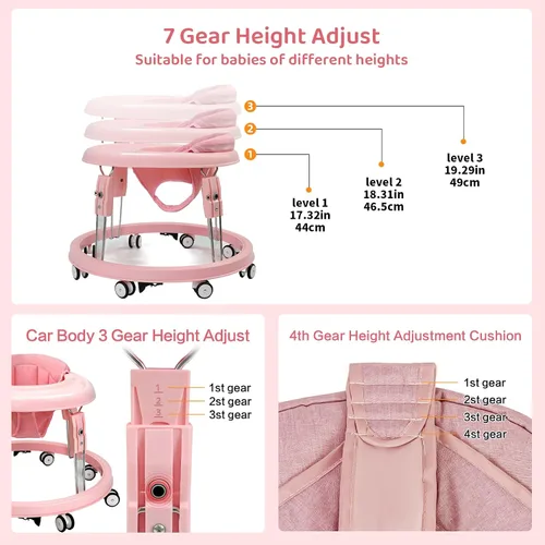 Vista 5 de Andador para bebés con ruedas, plegado de un solo toque, ajuste de altura Color rosa.