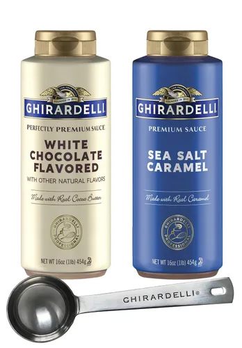 Vista 15 de Ghirardelli Salsa de caramelo, botella exprimible de 16 onzas (paquete de 2) con cuchara de barista estampada Ghirardelli