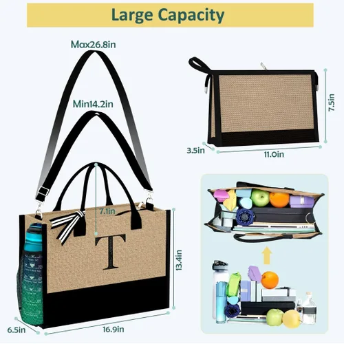 Vista 4 de TOPEAST Jute Beach Tote Bag and Makeup Bag Personalized Birthday Gifts for Women Bridesmaid Gifts