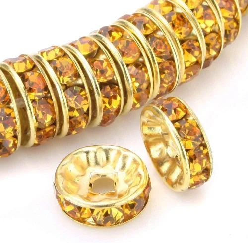 Vista 17 de RUBYCA 100 unidades de cuentas espaciadoras redondas estilo Rondelle en tono dorado de 10 mm, cristal checo AB blanco