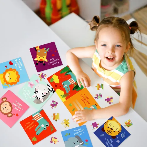 Vista 3 de Tarjetas de rompecabezas para el día de San Valentín para niños, paquete de 27 tarjetas de rompecabezas de animales con sobres y calcomanías a