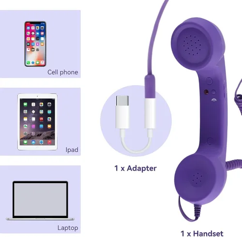Vista 3 de Auricular retro para teléfono, auricular de teléfono para teléfono celular tipo C con conector de 0.138 in, receptor de teléfono móvil, micrófono