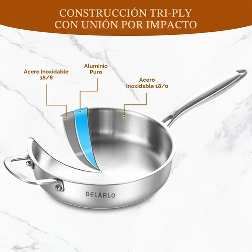 Vista 5 de DELARLO Sartén de Acero Inoxidable de Tres Capas de 3QT con Tapa, Sartén Profunda de 12 Pulgadas, Sartén Grande de Inducción, Sartén de Cocina, Apto