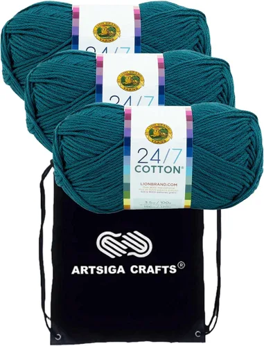 Vista 53 de Lion Brand 24/7 Algodón Blanco 761-100 (6-Carrillos - Mismo Lote de Tinta) Hila Gruesa Media #4 de Algodón para Crochet y Tejido con Bolsa