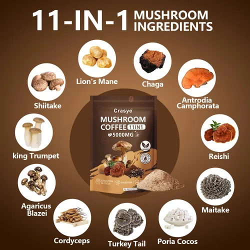 Vista 3 de Café orgánico de hongos con bajo contenido de cafeína, 11 superalimentos, café instantáneo con ashwagandha, shilajit, melena de león, reishi, chaga