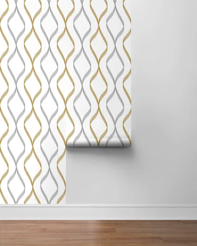 Vista 8 de NextWall Ogee Ribbon - Papel tapiz autoadhesivo (plateado y dorado)