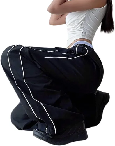 Vista 3 de KMBANGI Pantalones de paracaídas para mujer, holgados Y2k, pantalones deportivos con cintura elástica, rayas laterales, pantalones deportivos