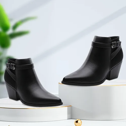 Vista 7 de CentroPoint Botines de cuero con tacón de bloque para mujer, puntera puntiaguda, con cremallera lateral