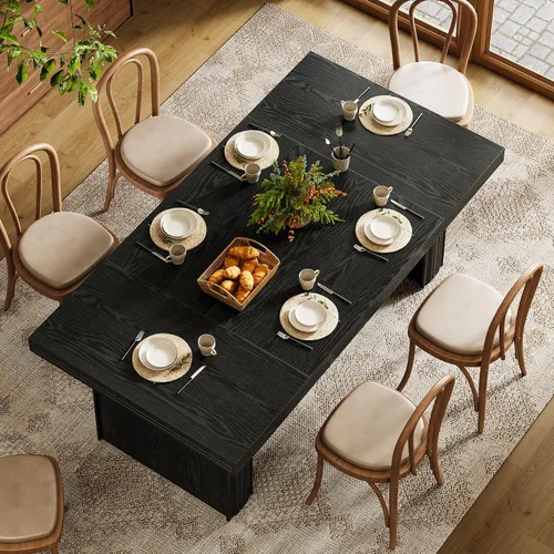 Vista 3 de Tribesigns Mesa de comedor de granja de 63 pulgadas para 6, mesa de cocina moderna con línea acanalada para comedor, sala de estar, color negro