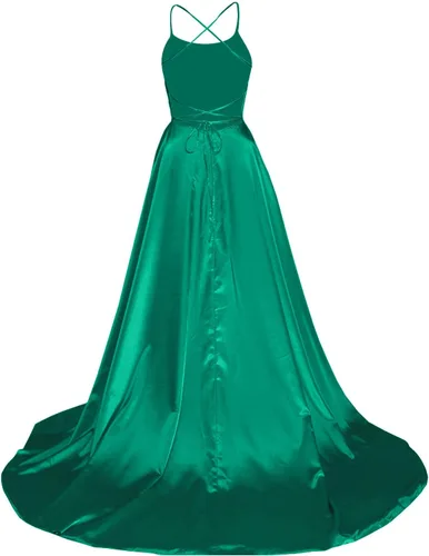 Vista 3 de Vestidos formales para mujer, elegantes tirantes delgados, espalda descubierta, cruzados, con cordones, vestido de dama de honor largo con abertura