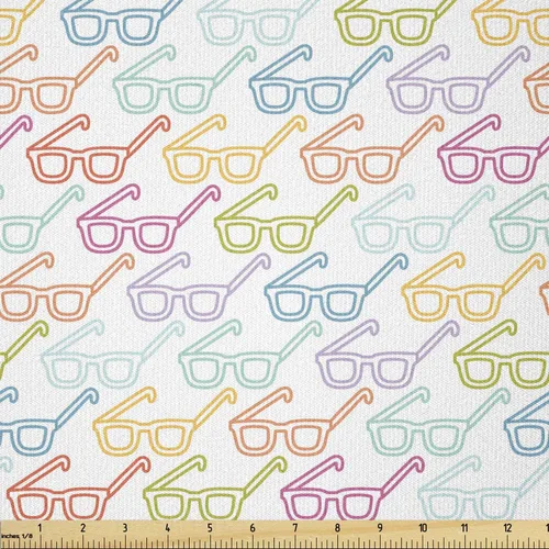 Vista 52 de Ambesonne - Tela Indie de The Yard, patrón colorido con anteojos clásicos de moda antigua, nerd, inteligente, bohemio, dibujo de doodle, tela