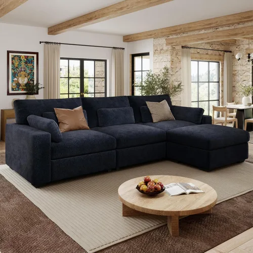 Vista 9 de Sofá modular de 146.5 pulgadas, sofás extra profundos en forma de U para sala de estar, sofá de felpilla de 4 asientos con patas de madera, otomana