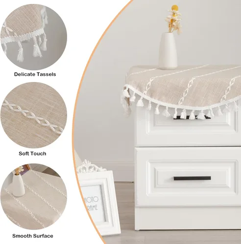 Vista 4 de Mantel redondo rústico pequeño lavable a rayas jacquard de lino resistente estilo granja con borlas para cocina, comedor, fiesta, decoración de Café