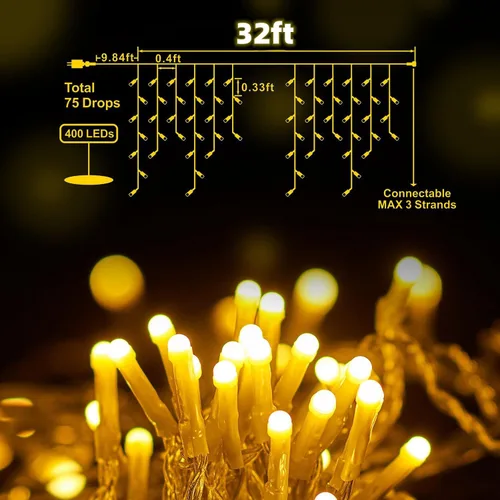 Vista 2 de 400 LED, 32 pies, 75 caídas de luces de carámbano, luces de Navidad en racimo para interior y exterior, luces de cadena enchufables, 8 funciones