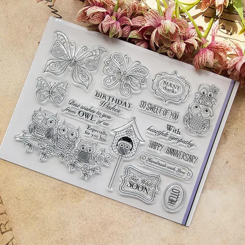Vista 2 de Sellos transparentes de mariposas y búhos para hacer tarjetas, sellos de goma para álbumes de recortes, álbum de fotos, papel en relieve, decoración