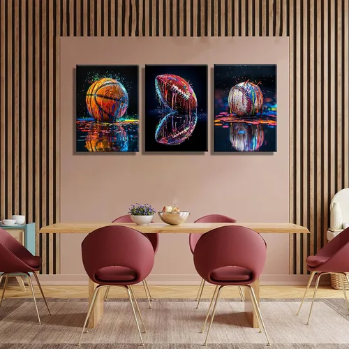 Vista 5 de 3 piezas de arte de pared en lienzo deportivo de graffiti para habitación de niños, rústico, fútbol, béisbol, fútbol americano, rugby, decoración