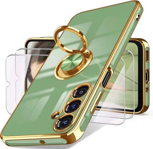 Vista 13 de Dretal Funda para Samsung Galaxy A15 5G, protector de pantalla, soporte de anillo giratorio de 360°, soporte magnético, borde dorado plateado, funda