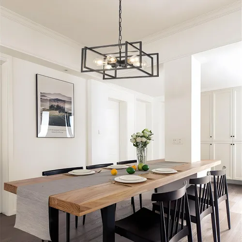Vista 5 de Lámpara colgante industrial negra mate de 19.7 pulgadas, altura ajustable, 6 luces rústicas de metal vintage para cocina, isla, pasillo, comedor